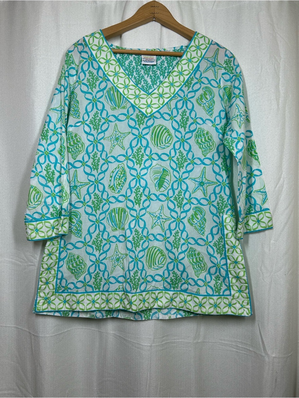 Gretchen Scott Shell Tunic Top Seashell Starfish Size Medium Coastal Blue Green